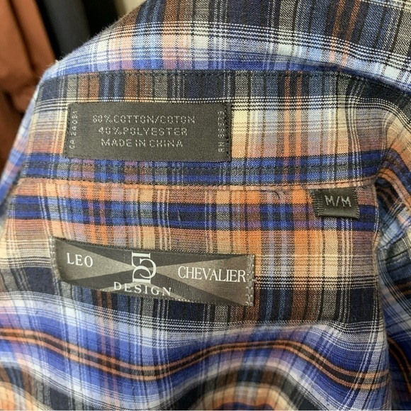 Leo Chevalier Design Western Plaid Button Up Shirt Clear Snap Sz M Blue Brown - Picture 10 of 10